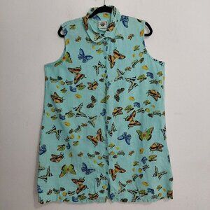 Vintage 90s Y2K Tom Tom USA Aqua 100% Linen Butterfly Print Shirt Dress size XL